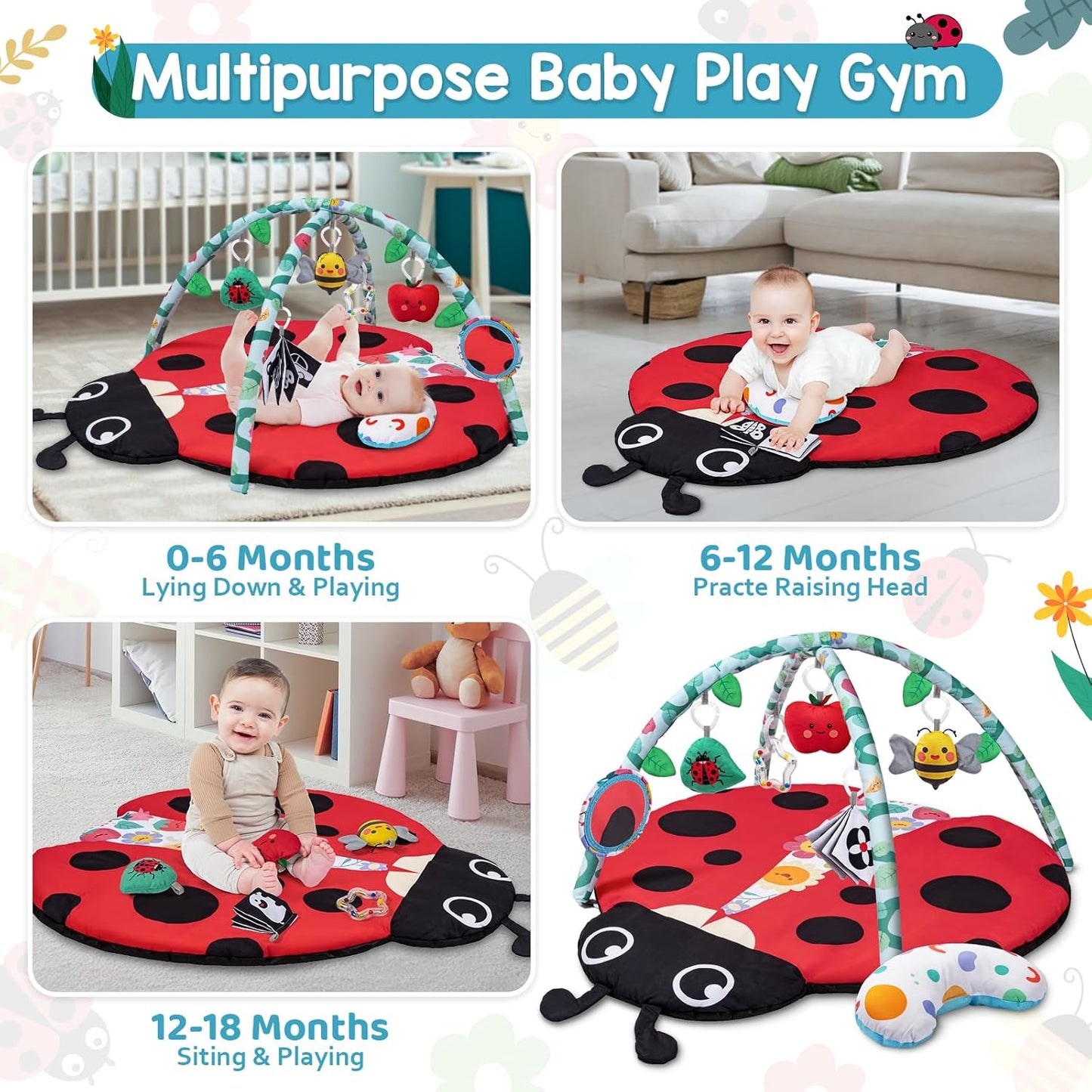 Jyusmile Baby Play Gym Mat, 8-in-1 Tummy Time Mat with 6 Toys, Washable Baby Activity Mat for Visual, Hearing, Sensory, Motor Development, Baby Essentials Gift for Newborn Infant 0-3-6-9-12 Months