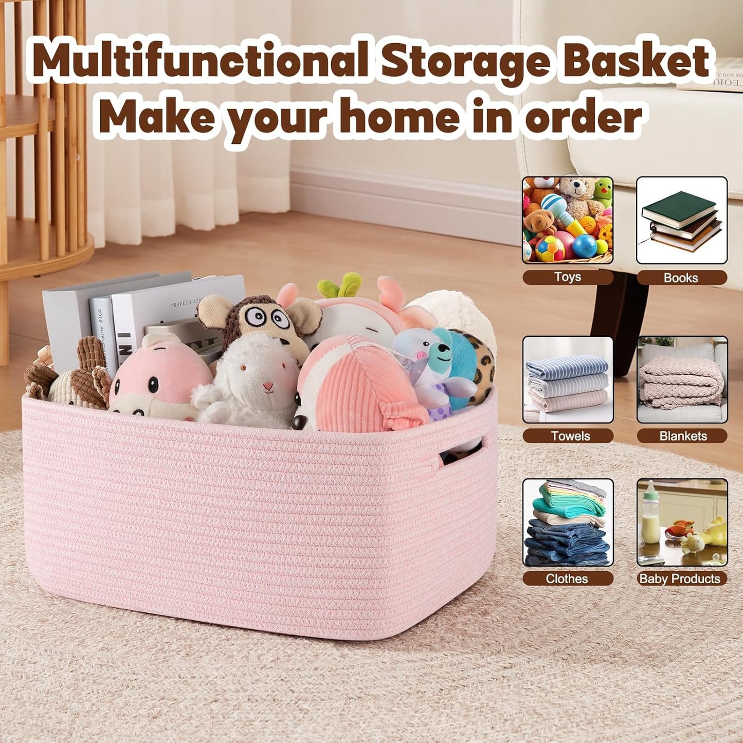 OIAHOMY Storage Basket for Shelves, Closet Cube Storage Bins Baskets for Clothes Blanket Towels, Baby Nursery, Toy Baskets Box, Woven Rope Basket, 17.72*12.99*7.87 IN, 2 Packs Mixed Pink