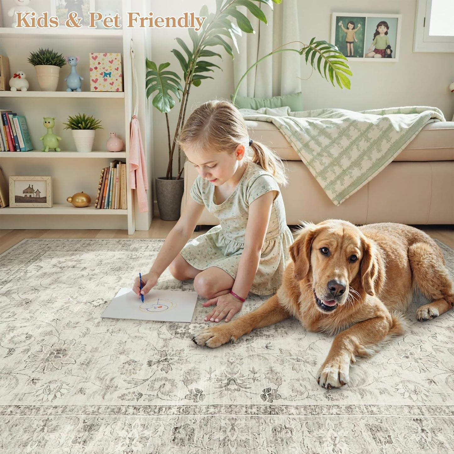 LIVEBOX Washable Area Rug 8x10 Rugs for Living Room Bedroom, Non-Slip Boho Indoor Carpet for Dining Room Office, Low-Pile Farmhouse Soft Carpets for Kids Nursery Room Playroom, Taupe