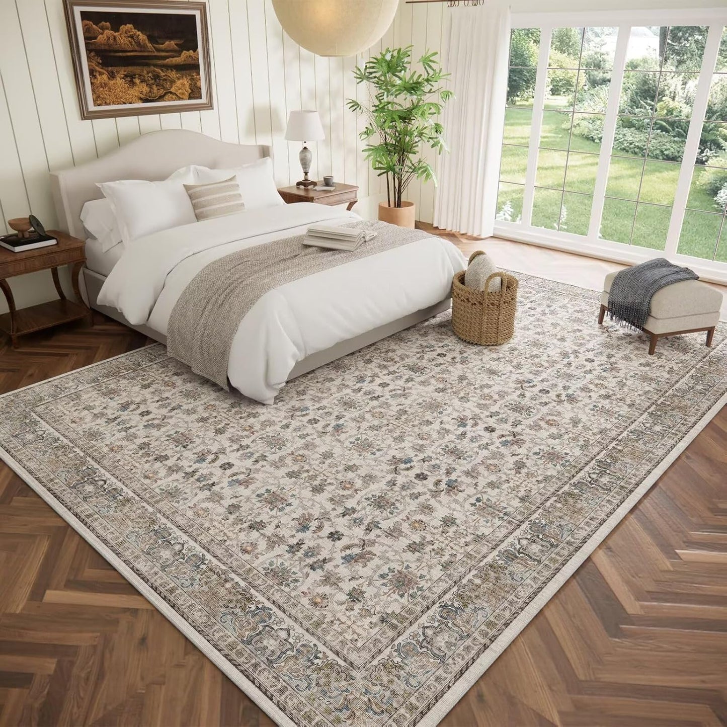 Washable 10x14 Area Rugs for Living Room, Boho Non-Slip Silicone Backing Rugs for Bedroom Dining Room Office, 0.3" Neutral Oriental Throw Carpet with 0.16" Cushioning Pad, Cream/Multi