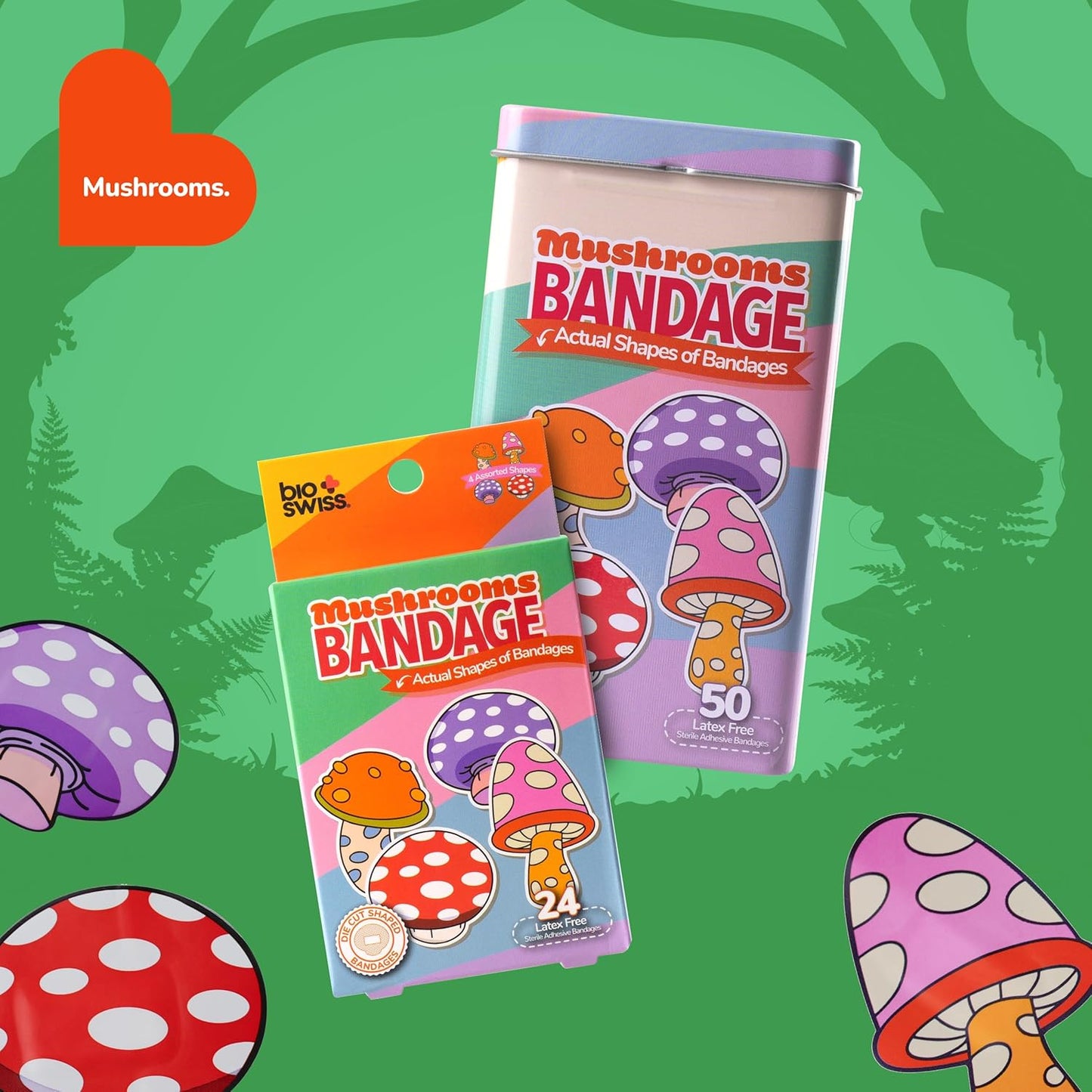 BioSwiss Bandages, Mushroom Shaped Self Adhesive Bandage, Latex Free Sterile Wound Care, Fun First Aid Kit Supplies for Kids and Adults, 50 Count