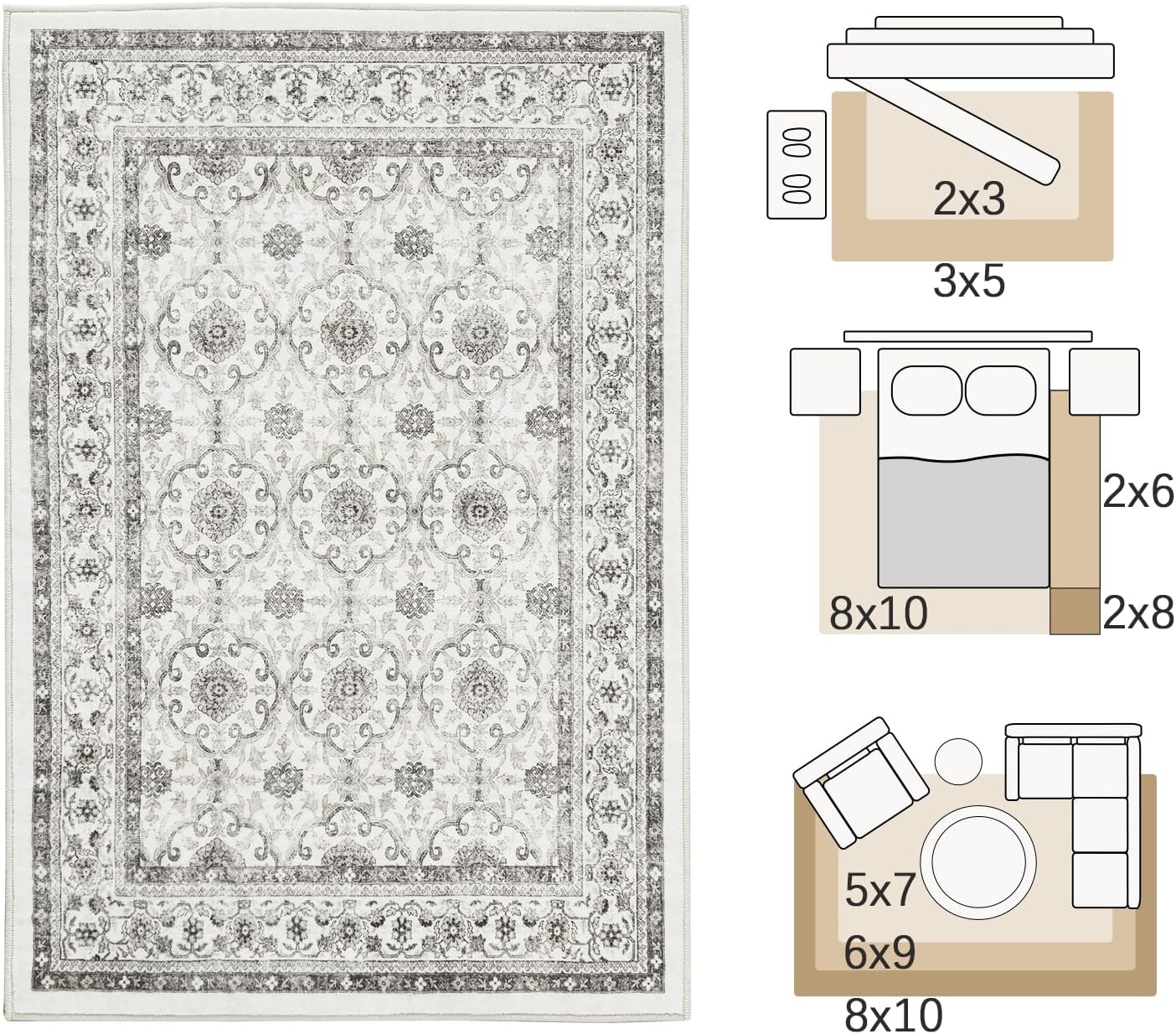 jinchan Floral 6x9 Area Rugs for Living Room - Machine Washable Vintage Distressed Boho Design Throw Rug Stain Resistant Carpet Low-Pile Thin Non-Slip for Bedroom Dining Room Nursery (6‘x9',Beige)