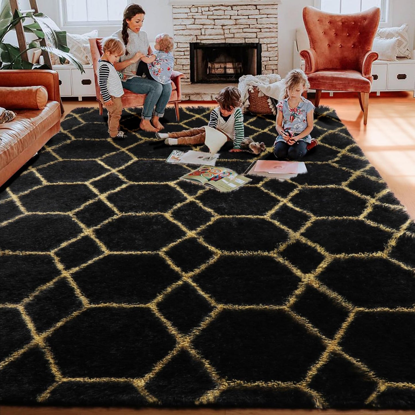 ONASAR 7x9 Area Rugs for Living Room Bedroom, Washable Large Boho Fluffy Black and Gold Throw Rug, Geometric Soft Plush Shaggy Floor Carpet for Nursery Kids Girls Boys Teen Dorm Home Decor Aesthetic