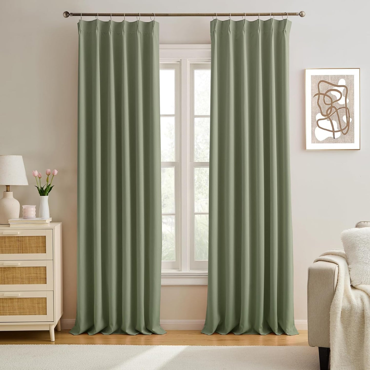 Blackout Curtains 92 Inches Long 2 Panels Set, Pinch Pleated with Hooks Track System Darkening Custom Cabin Accordion Style Window Drapes for Living Room(2 Pieces,40 x 92 Inch, Sage Green)