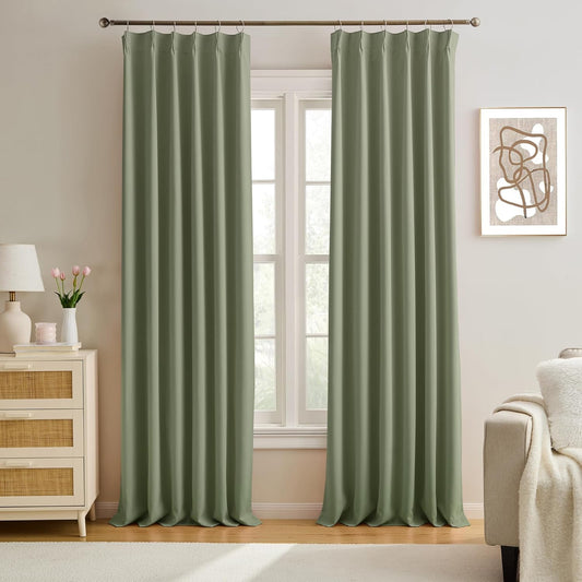 Blackout Curtains 92 Inches Long 2 Panels Set, Pinch Pleated with Hooks Track System Darkening Custom Cabin Accordion Style Window Drapes for Living Room(2 Pieces,40 x 92 Inch, Sage Green)