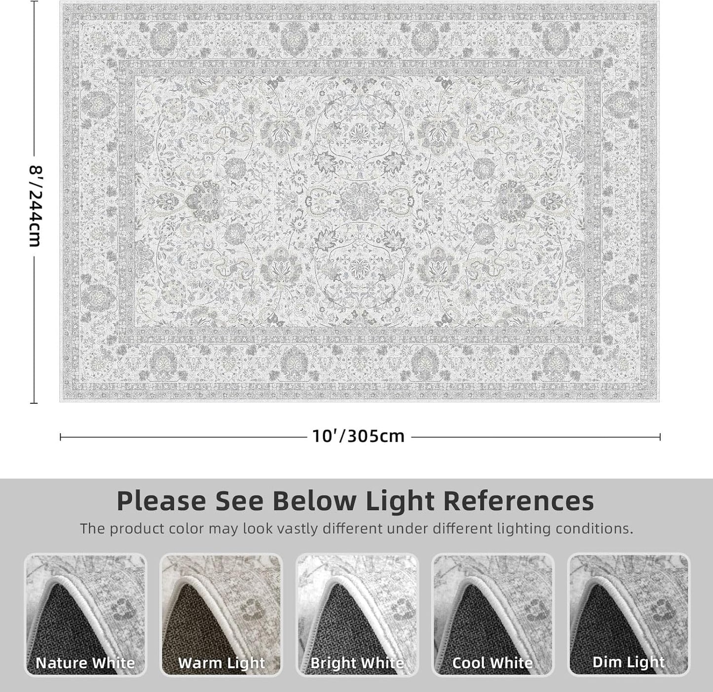 Neutral Area Rugs 8x10 for Living Room Vintage Rug Boho Floral Modern Washable Area Rug with Non-Slip Backing Large Carpet for Bedroom Dining Room Light Grey