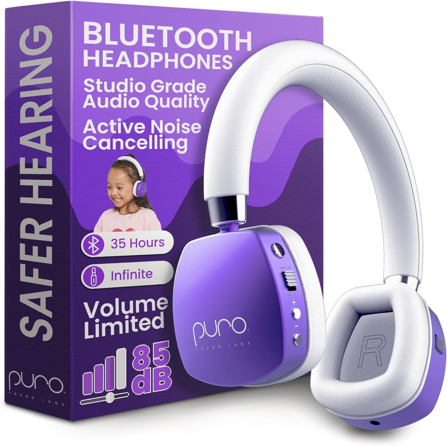 Puro Sound Labs PuroQuiet Plus Kids Noise Cancelling Headphones, Bluetooth Kids On Ear Headphones with Mic, Lightweight On-Ear Design, Studio-Grade Sound (Purple)