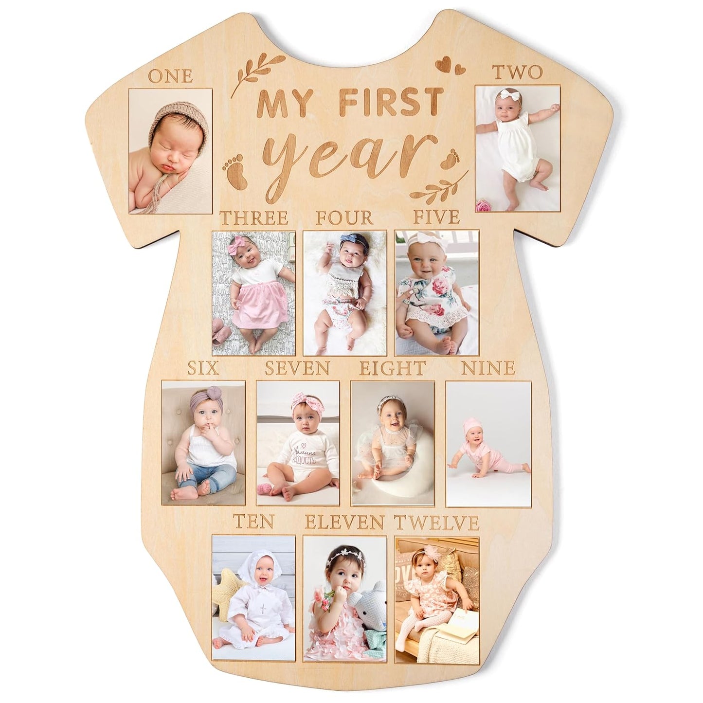 R HORSE My First Year Photo Display Wood Board, Baby’s First Year Picture Frame 12 Months Milestone Sign Bodysuit Shape 1st Birthday Photo Frame Baby Keepsake Board Nursery Decor Gift for Boy Girl