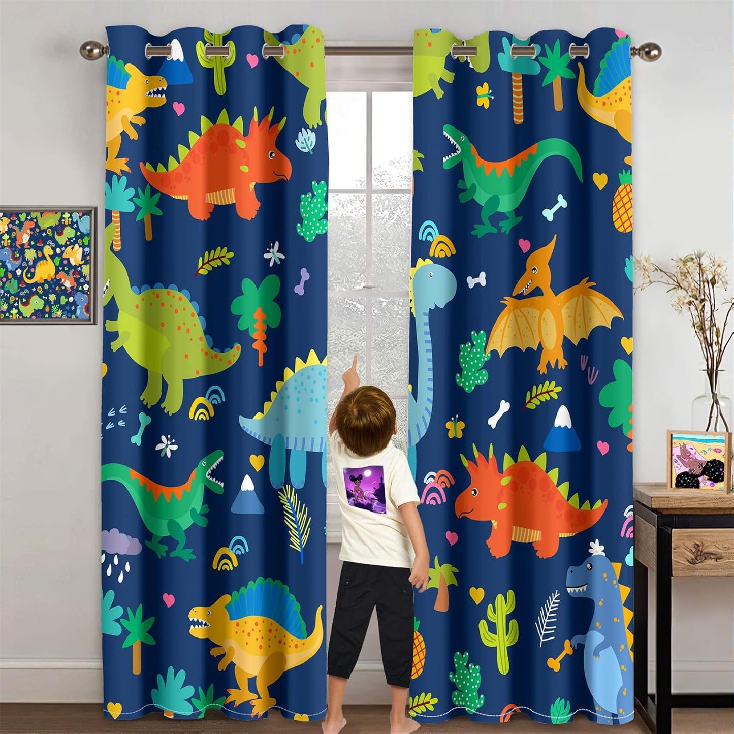 Cartoon Dinosaur Blackout Curtain Panels Curtains Blue Curtains for Boys Bedroom Grommet Top Window Treatment 2 Panels Drapes Kids Room Decor Navy Blue Curtains 84 Inch Length, 82" x 84"