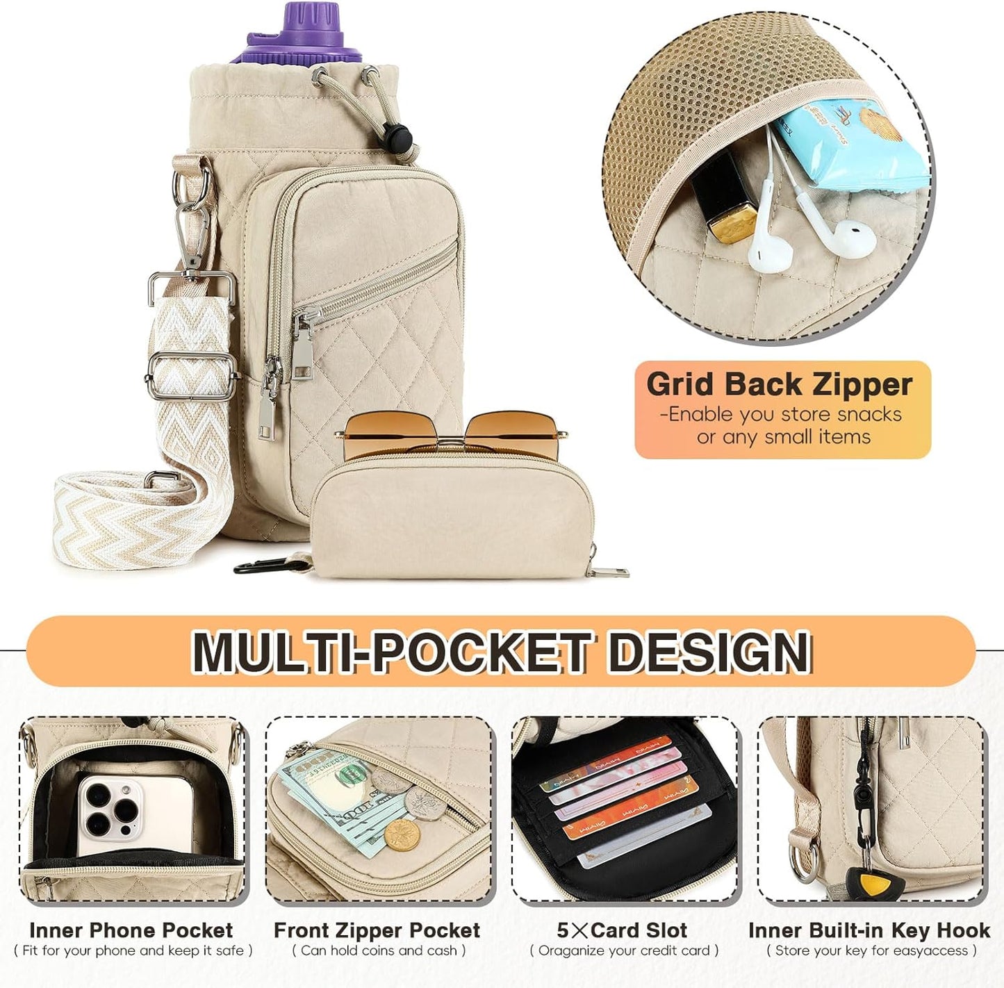 Water Bottle Carrier Bag with Strap, Water Bottle Holder Crossbody Bags for Women Men for Walking, Hiking,Cycling