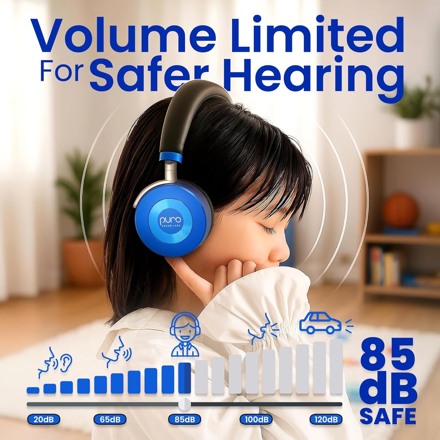 Puro Sound Labs JuniorJam Plus Volume-Limiting Wireless Bluetooth Headphones for Kids, Secure Audio with Adjustable On-Ear Design, 22-Hour Battery, Ideal for Tablets, Smartphones & PCs - Blue