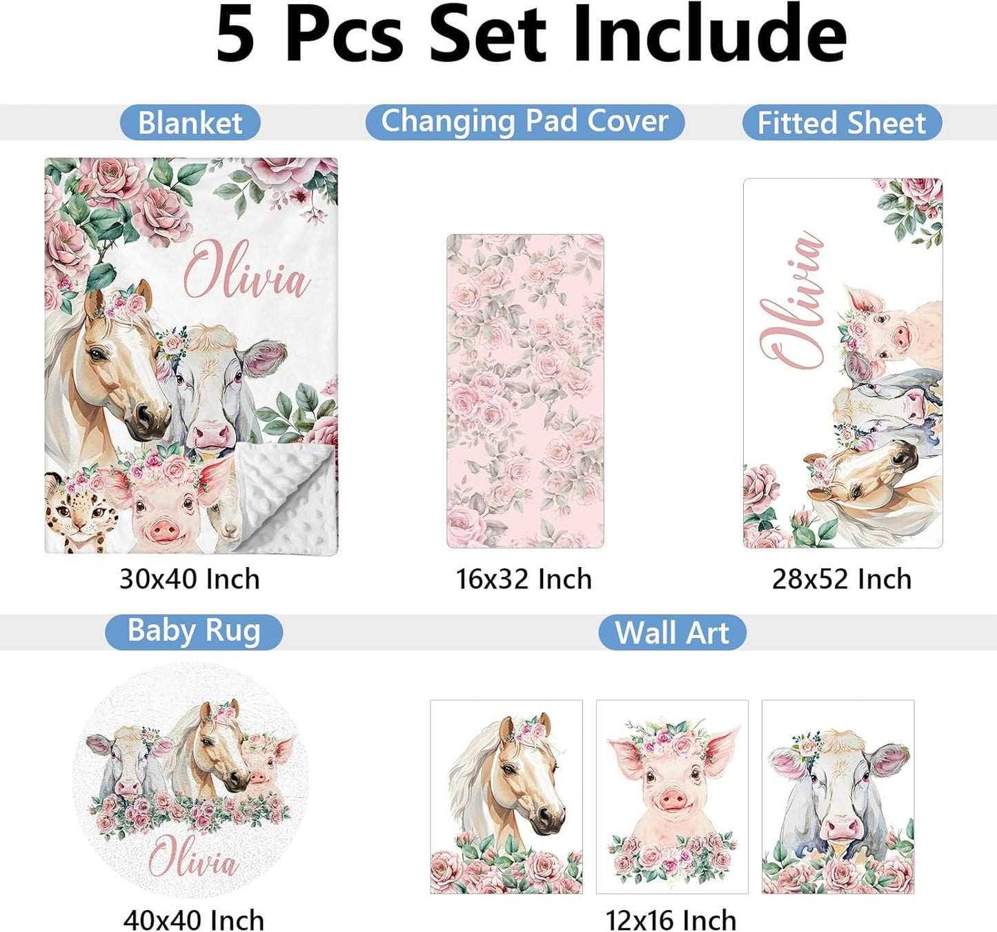 Personalized Floral Animal Crib Bedding Set, 5 Pcs Custom Baby Crib Set with Name, Double Layer Nursery Bedding Set, Soft Baby Bedding Crib Set for Girls, Customized Gift for Toddler Infant