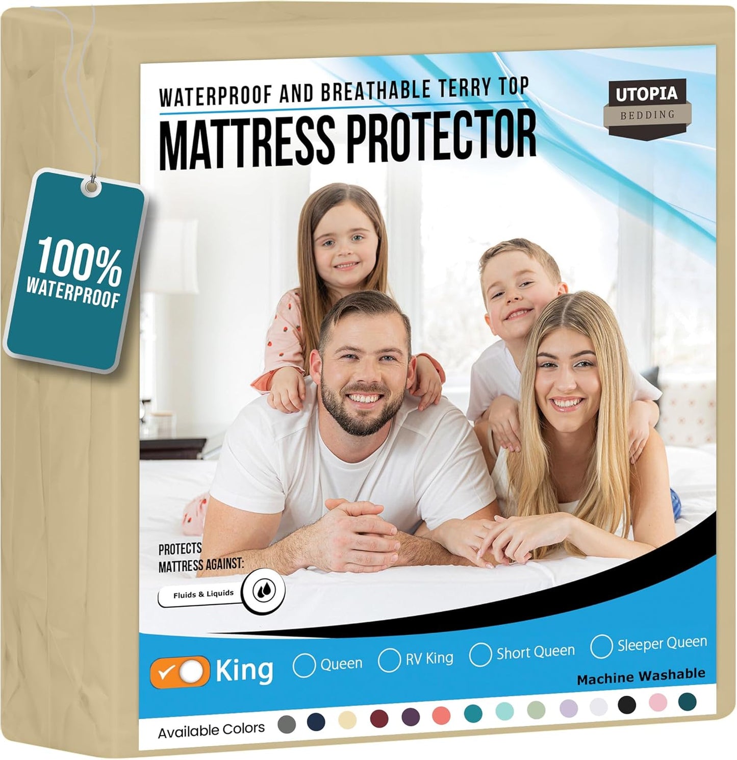 Utopia Bedding Waterproof Mattress Protector King Size, Premium Terry Mattress Cover 200 GSM, Breathable, Fitted Style with Stretchable Pockets (Beige)