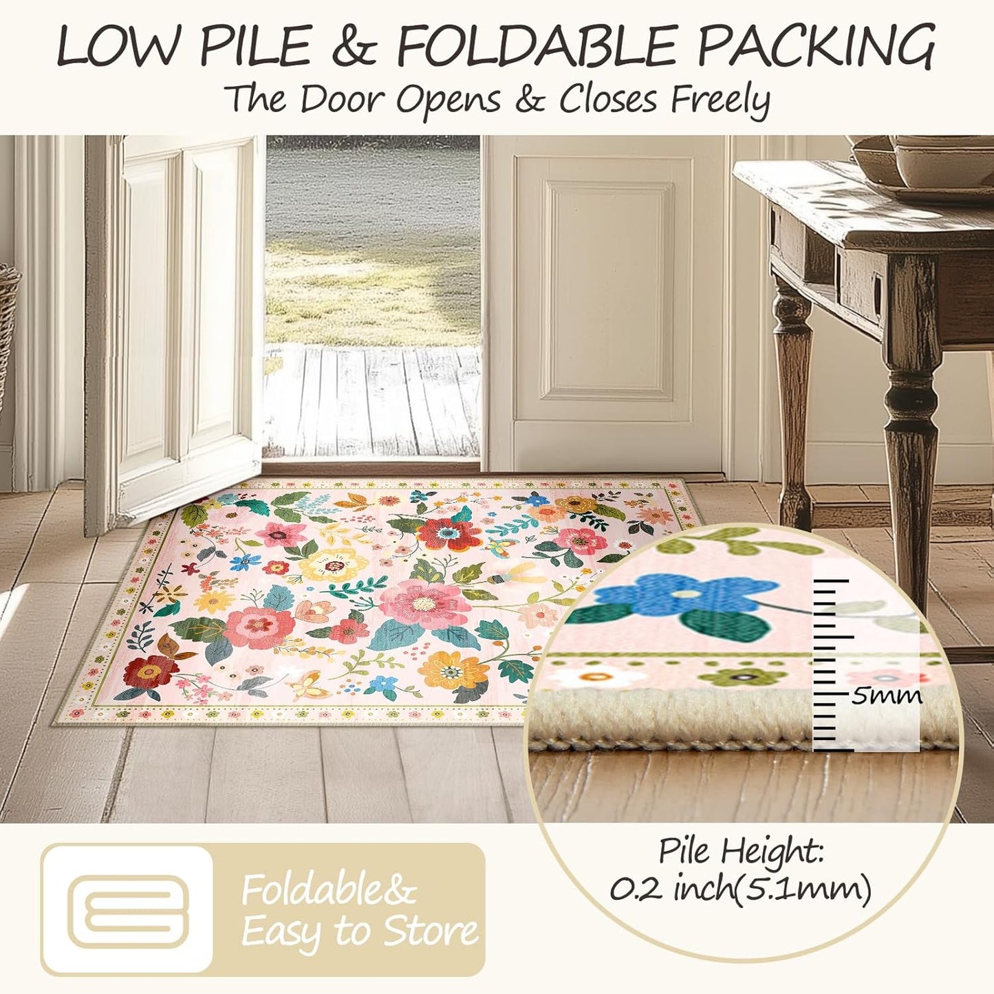 Floral 3x5 Area Rug Machine Washable Soft Print Boho Carpet Non Slip Doormat Low Pile Flower Area Rugs for Living Room Bedroom Nursery Kitchen Dining Room Indoor-Pink