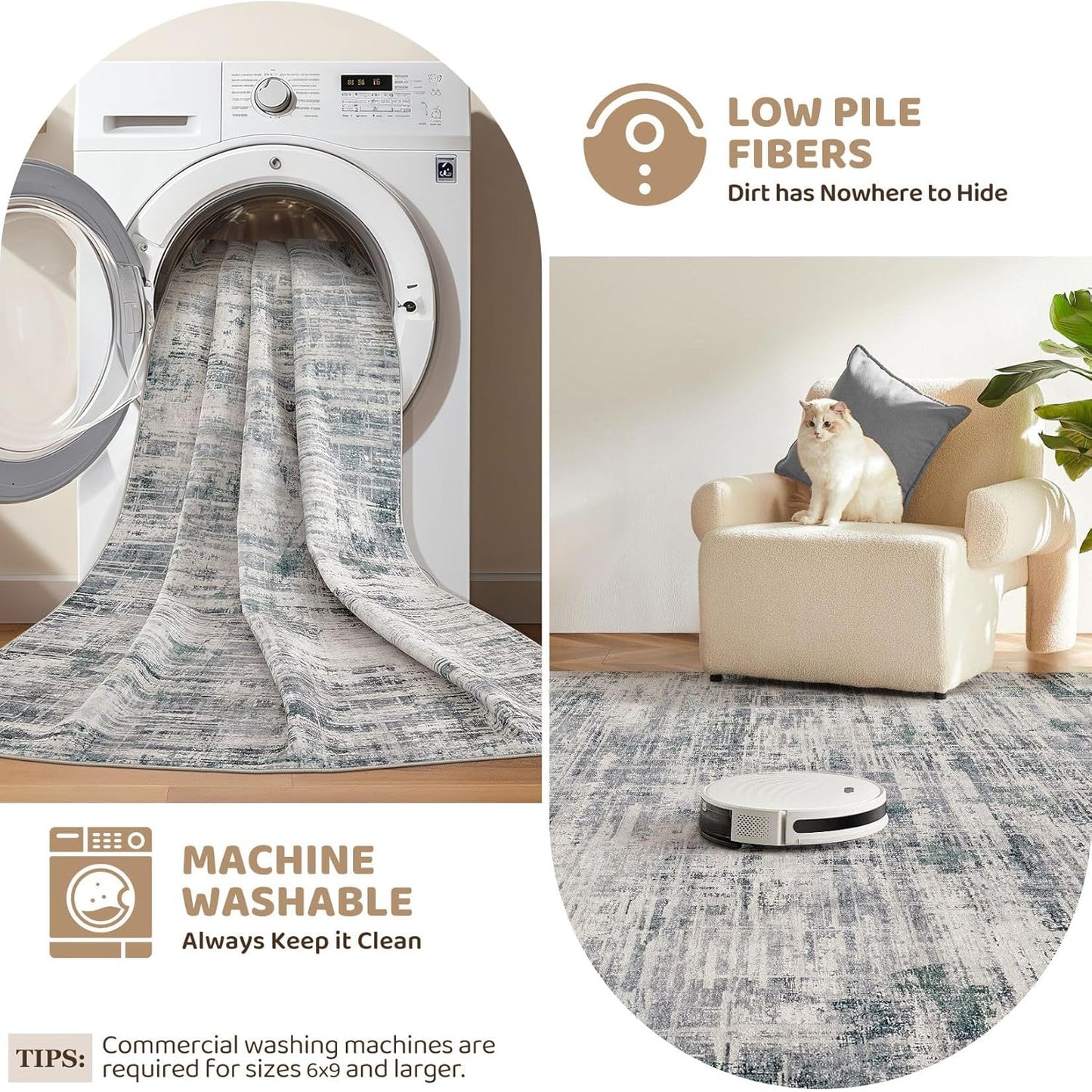 Area Rug for Living Room: 7x9 Washable Neutral Abstract Modern Soft Rugs Non Slip Indoor Floor Stain Resistant Large Carpet for Bedroom Dining Room Office Nursery - Gray