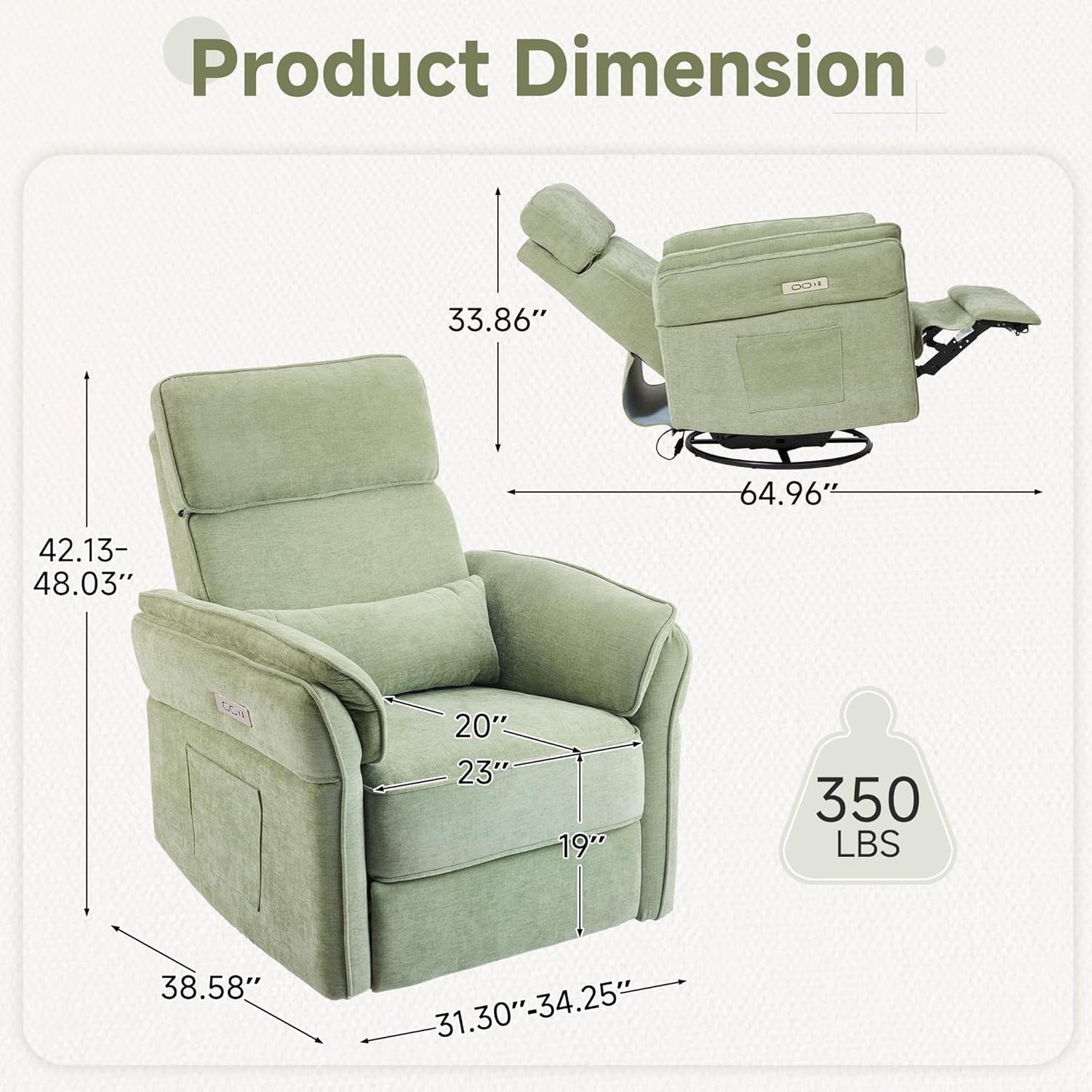 MELLCOM Power Recliner Rocking Chair Nursery Gliders with Adjustable Armrests and Headrest, Swivel Electric Glider Reclining Nursing Chair with USB Port and Storage Bags, FSC Certified(Fabric, Green)