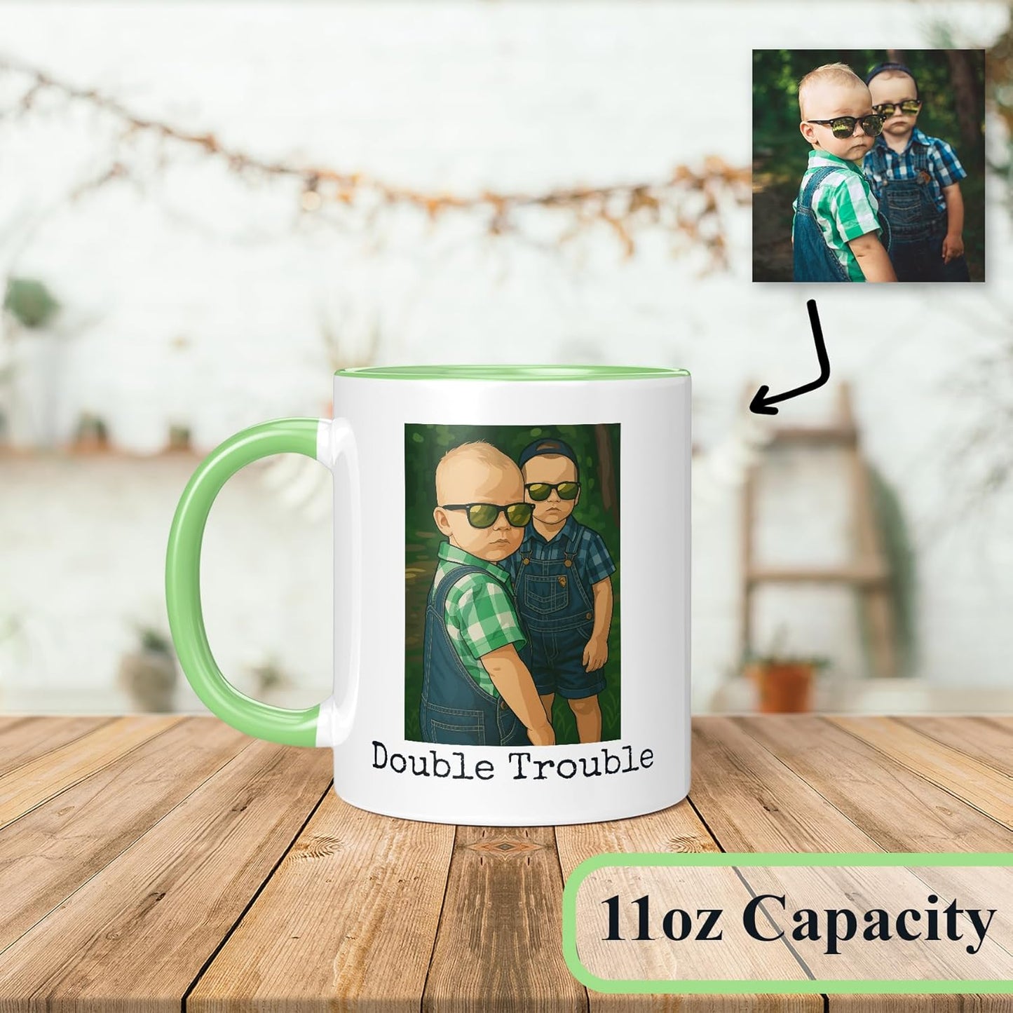 Personalized Coffee Mug, Custom Drawing Portrait Gift, Funny Customized Coffee Gift for Men & Women, Custom Mugs with Pictures, Light Green 11oz Customized Ceramic Tea Cup