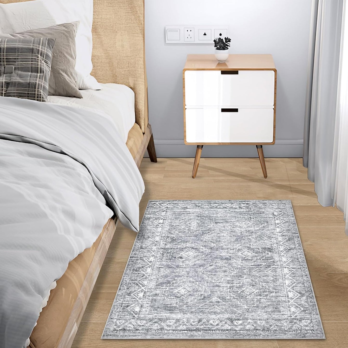 Moroccan Area Rug 2x3 - Washable Distressed Entryway Rug Non-Slip Small Rug, Soft Low-Pile Geometric Farmhouse Indoor Door Mat Floor Carpet for Entrance Bedroom Kitchen Bathroom (2 x 3, Grey)