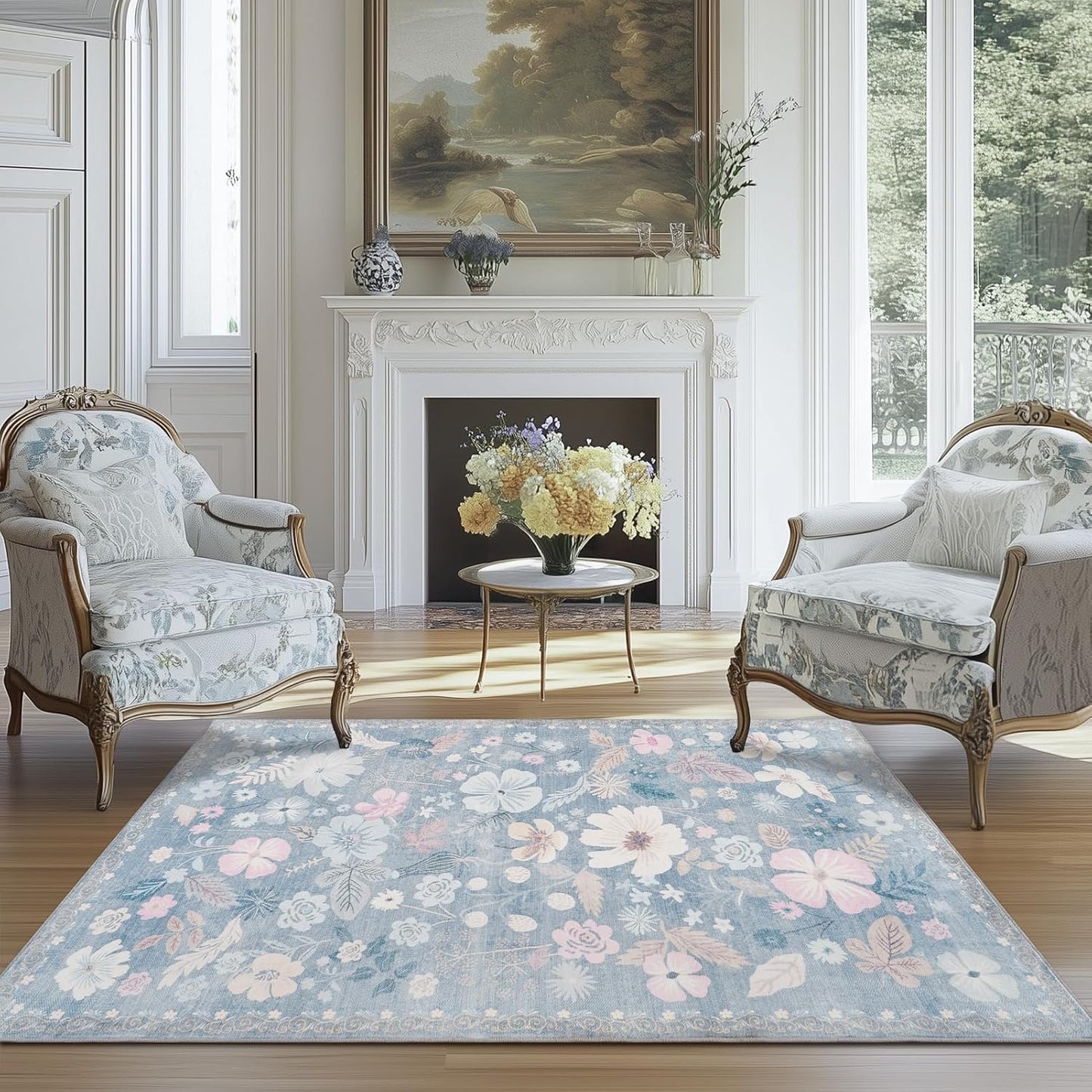 Bedroom Rugs 3x5 Machine Washable Non Skid Stain Resistant Low Pile Faux Fur Area Rug Soft Boho Retro Floral Accent Small Carpet for Living Room Entrance Farmhouse Bedside Nursery Girls,Light Blue