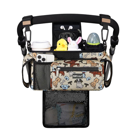 TOPDesign Universal Baby Stroller Organizer, Stroller Caddy with Detachable Mesh Bag & Heightened Insulated Cup Holders & Non-Slip Secure Hooks Accessories, Fits Most Strollers (Dogs)