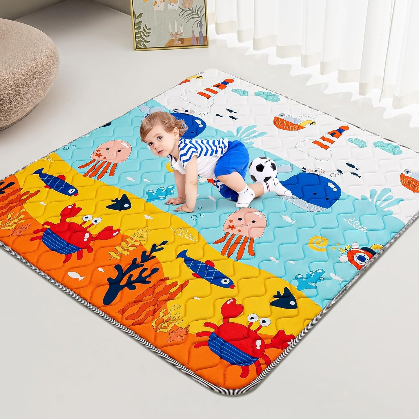 Baby Play Mat - Thicken 50x50 Inch Soft Foam Crawling Mat for Playpen & Floor, Non-Slip Waterproof Playmats for Infants & Toddlers, Portable Foldable & Machine Washable, Ocean World