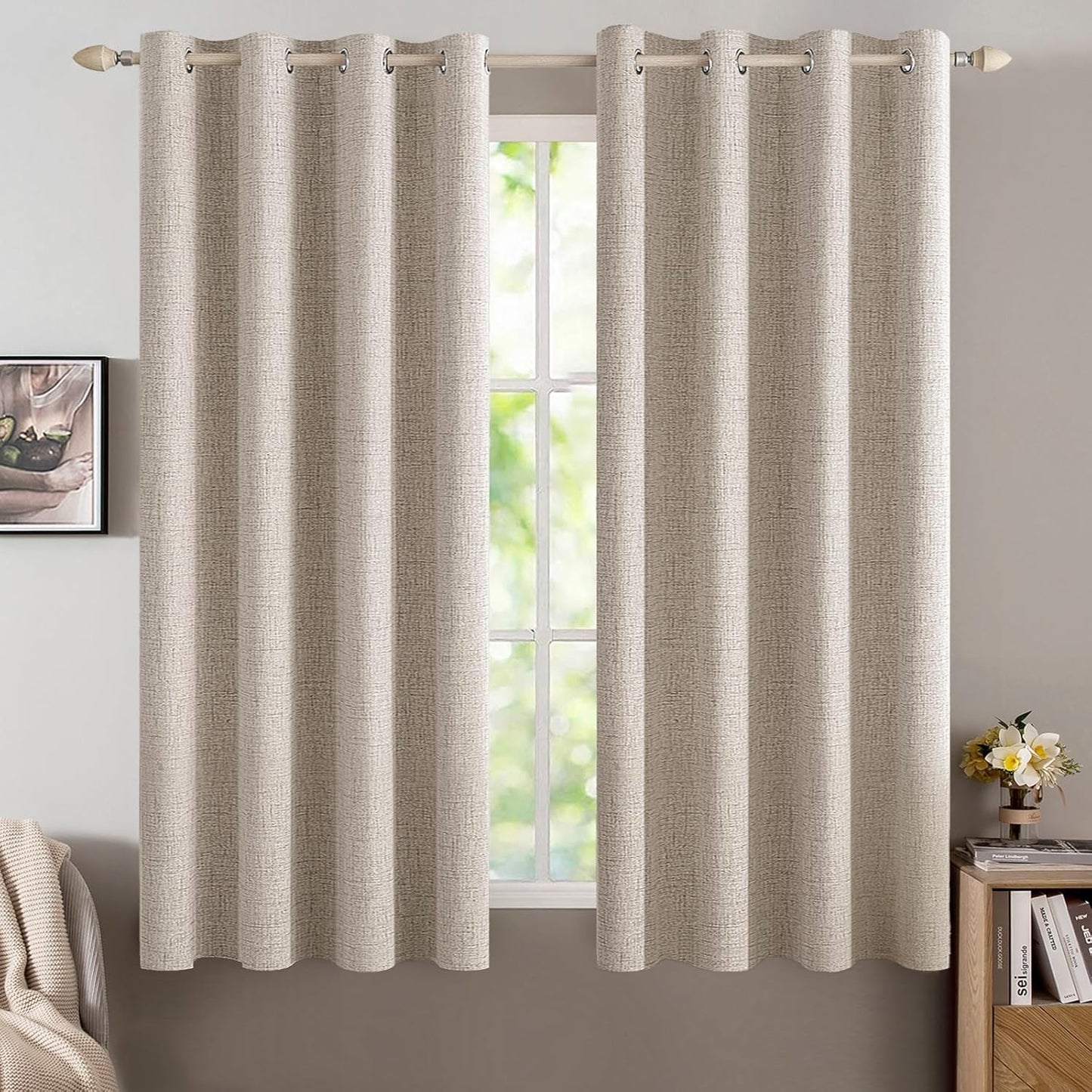 MIULEE Linen Textured Curtains for Bedroom Solid 100% Blackout Thermal Insulated Natural Grommet Room Darkening Curtains & Drapes Luxury Decor for Living Room Nursery 52 x 54 Inch (2 Panels)