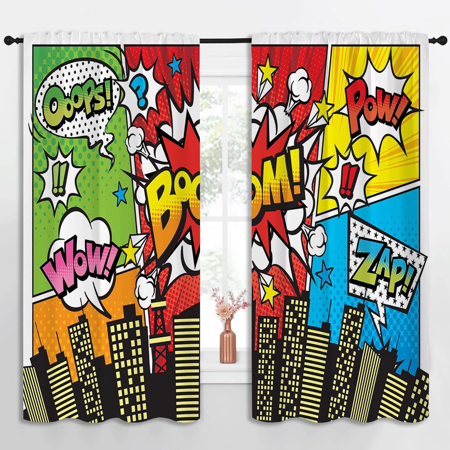 Superhero City Wars Explosion Rod Pocket Blackout Curtains for Boy Girl Bedroom, Colorful Comics Ar Thermal Insulated Home Window Drapes for Living Room Darkening, 55x63 inch