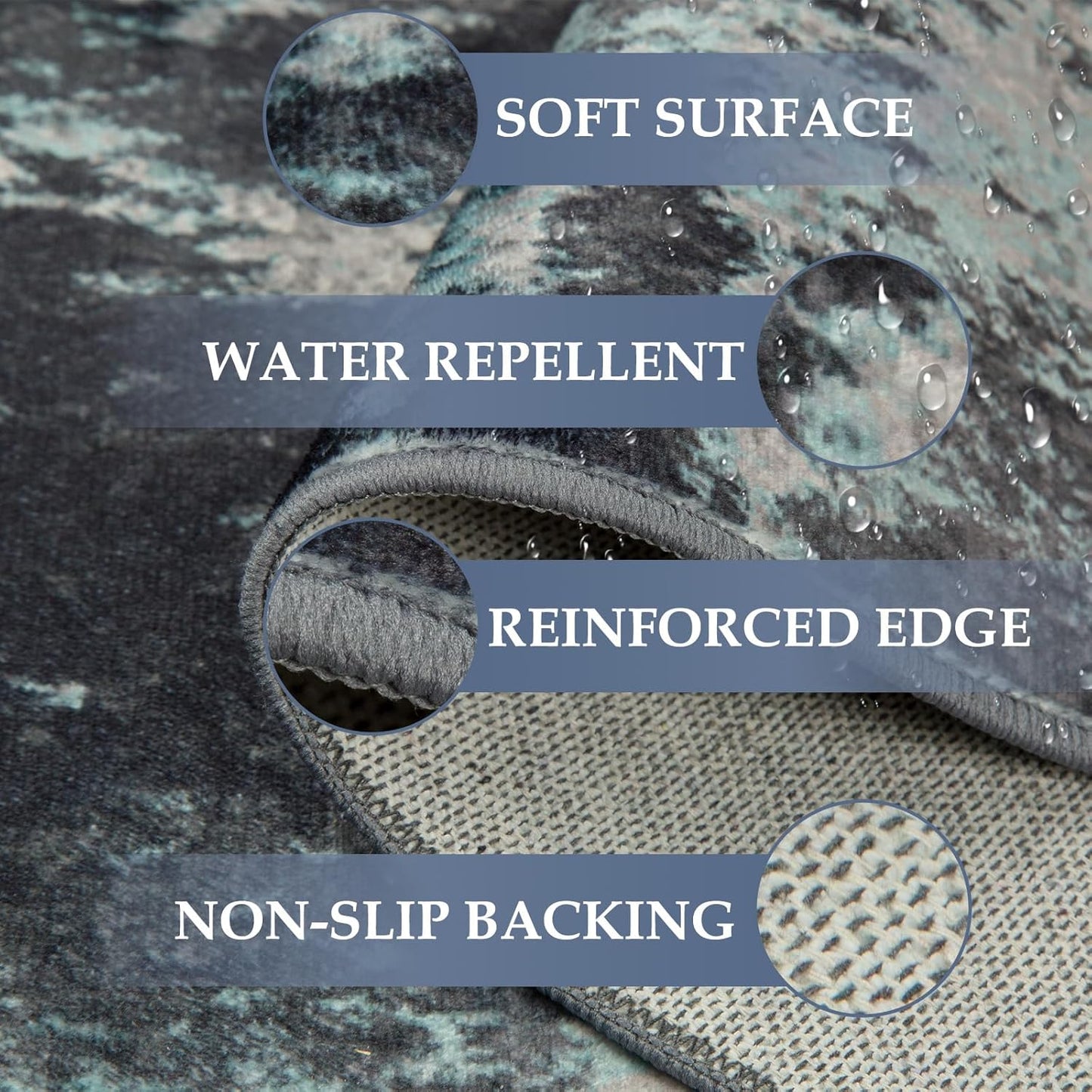 Washable Area Rugs 9'x12' Non-Slip Modern Abstract Soft for Living Room Entryway Bedroom Nursery, Print Pattern, Blue Black Teal