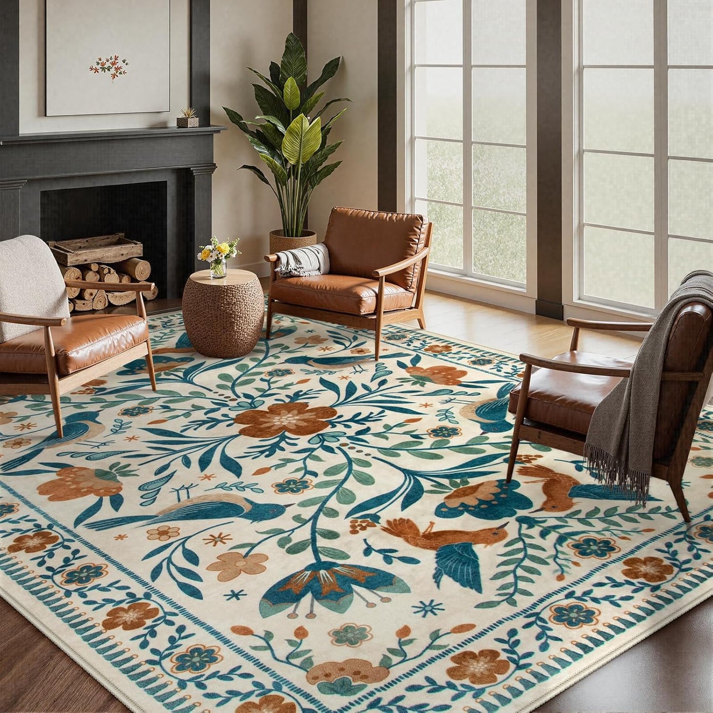 Moynesa Boho Birds Area Rug 5x7 Washable Rug, Floral Carpet for Living Room Low-Pile Soft Bedroom Rugs, Jungle Animal Beige Dining Room Rug Indoor Non-Slip Floor Carpet for Playroom