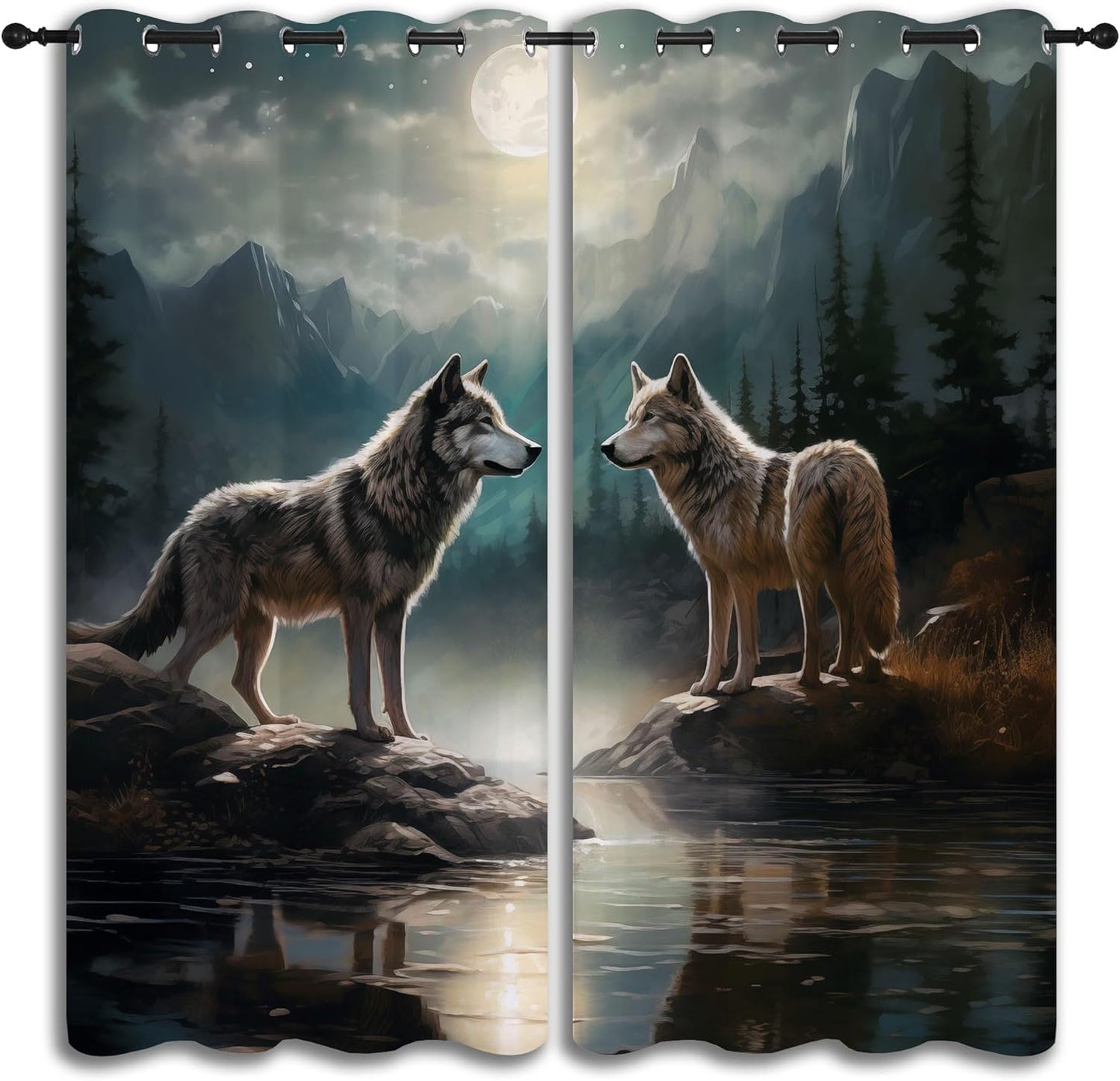 Wolf Blackout Curtains for Boys Girl Bedroom Decor,Moon Mountain Pine Forest Wild Animals Thermal Insulated Grommet Drapes Darkening Window Curtain for Living Room Home 72x63 inch