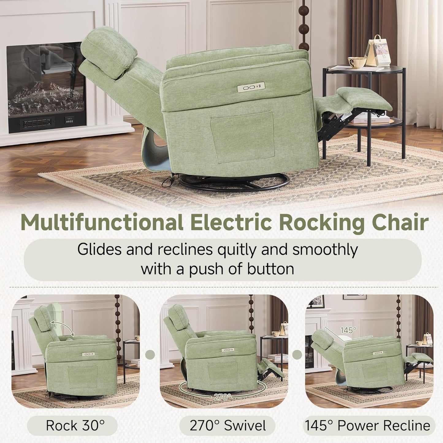 MELLCOM Power Recliner Rocking Chair Nursery Gliders with Adjustable Armrests and Headrest, Swivel Electric Glider Reclining Nursing Chair with USB Port and Storage Bags, FSC Certified(Fabric, Green)