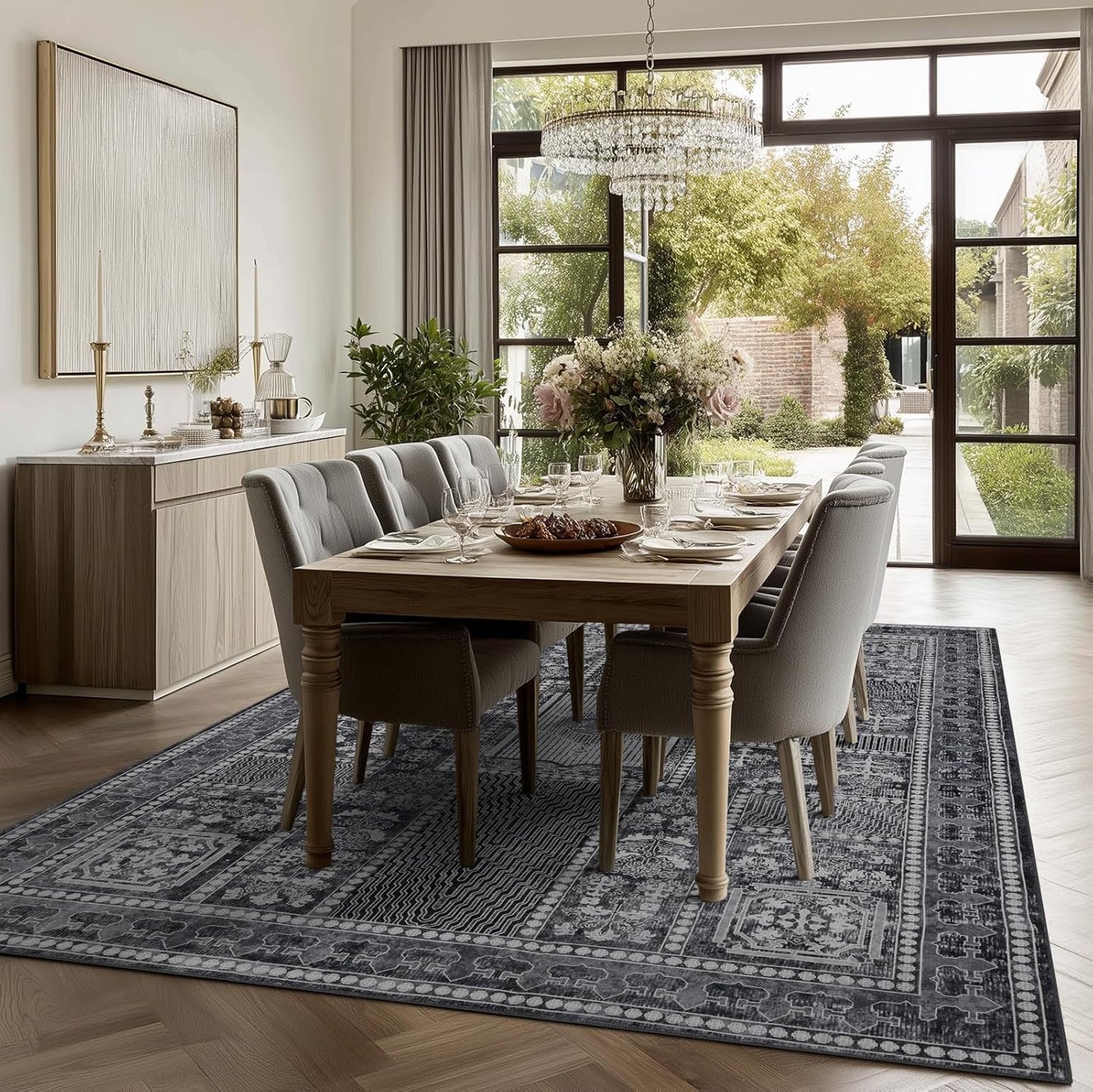 Washable Area Rugs 8x10, Large Rugs for Living Room, Carpet for Bedroom, Soft Faux Wool Retro Dining Room Rug, Non-Slip Backing Resistant Low Pile Vintage Print Rug for Home Office (Grey)