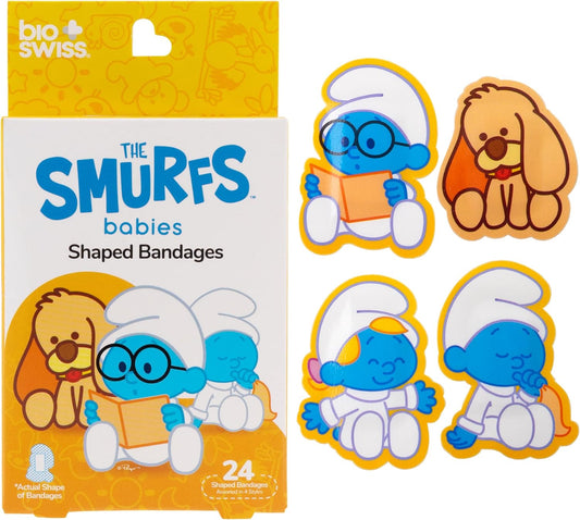 BioSwiss Bandages, The Smurfs Baby Smurf Shaped Self Adhesive Bandage, Latex Free Sterile Wound Care, Fun First Aid Kit Supplies for Kids and Adults, 24 Count Box