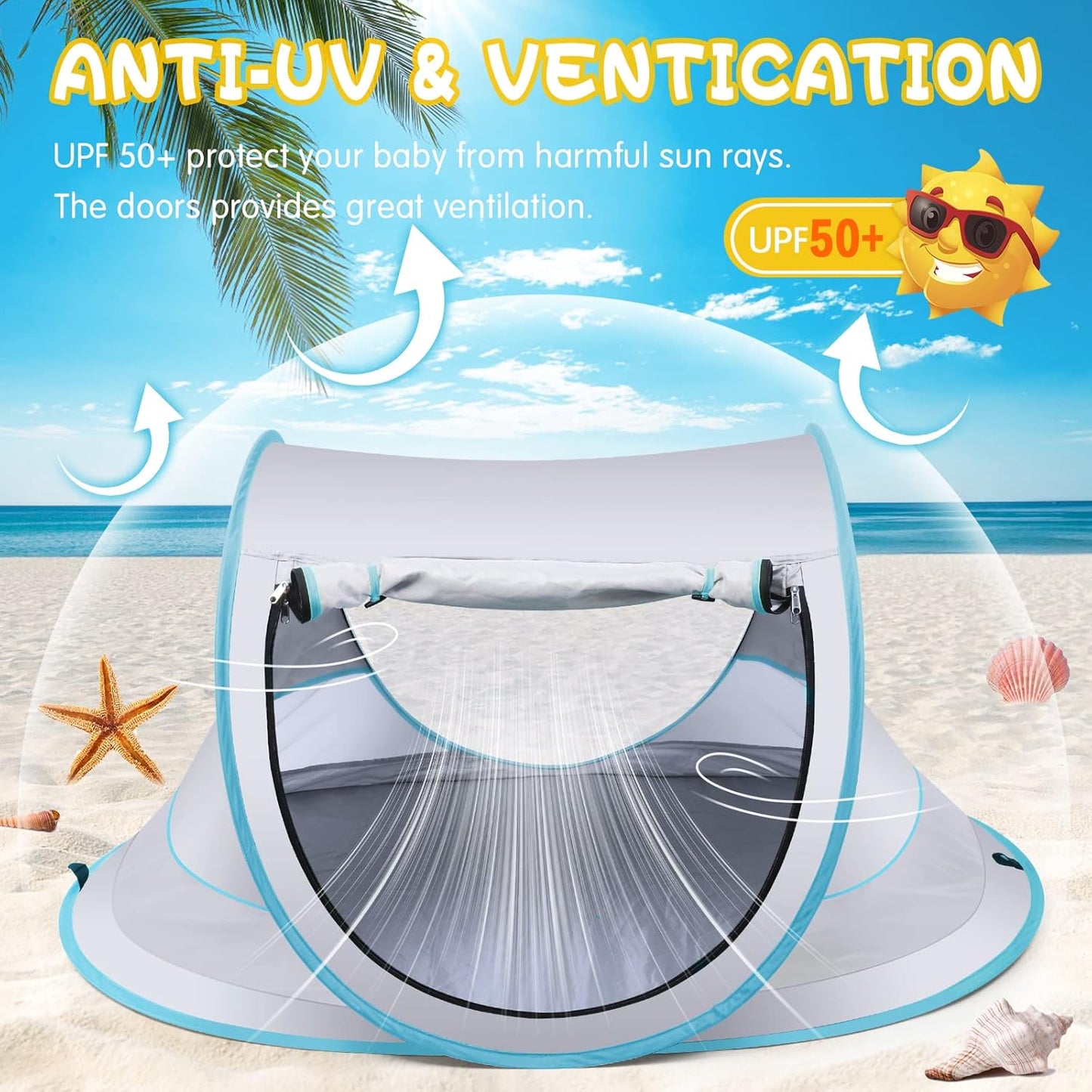 Baby Beach Tent,Large Pop Up Beach Tent Sun Shade for Beach,Portable Baby Travel Tent with Mosquito Net,Indoor Baby Play Tent,UPF 50+ UV Protection Sun Shelters for Infants