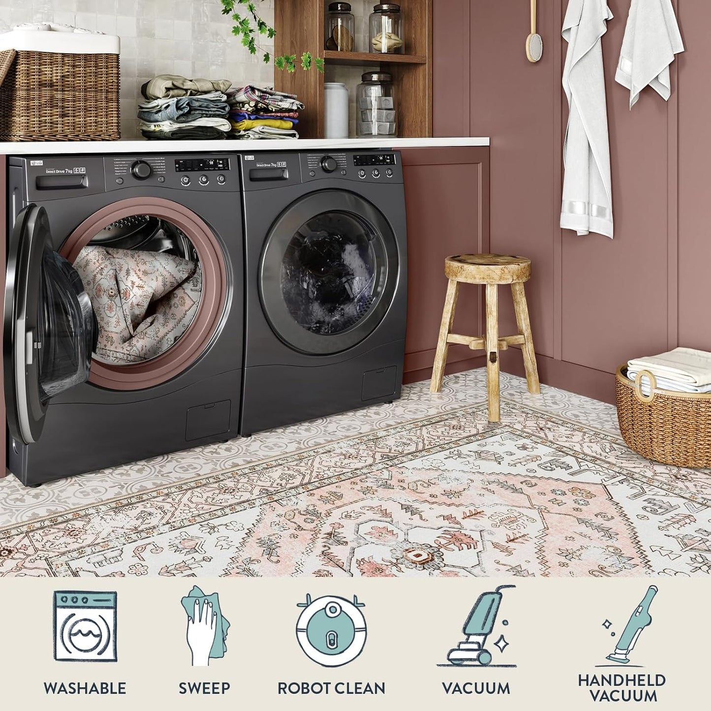 Lahome Boho Entryway Rugs Indoor - 2x3 Washable Area Rug Throw Small Rugs for Bedroom Girls Non-Slip Lightweight Bathroom, Vintage Print Floor Doormat Carpet for Kitchen Laundry Room (Pink, 2'x3')