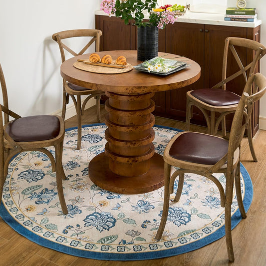 jinchan 6ft Floral Round Rug for Dining Room Washable Living Room Rug Vintage Romance Design Non Slip Indoor Floor Cover Lightweight Low-Profile Throw Carpet for Bedroom Porch Patio, Blue/Beige