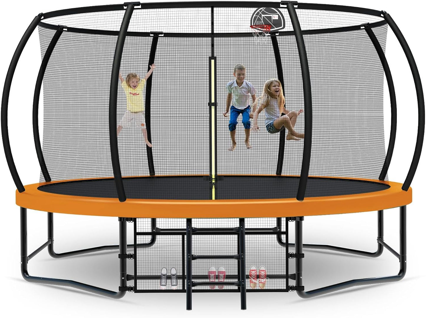 Tatub Large Trampolines Outdoor 10 12 14 15 16FT for Kids and Adults,Outdoor Recreational Pumpkin Trampolines with Curved Poles and Safety Enclosure Net, Basketball Hoop, Ladder