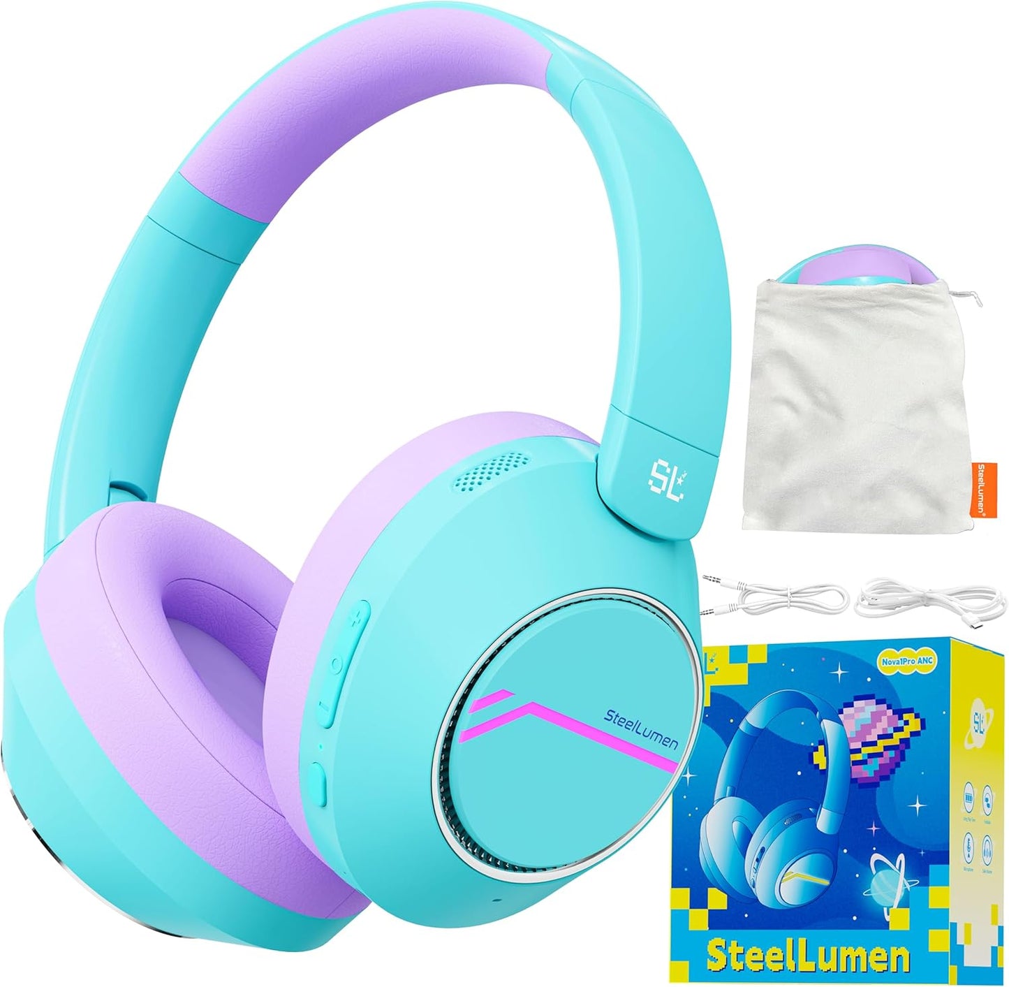 Nova1Pro Active Noise Cancelling Headphones for Kids, 3-Level Safe Volume 75/85/94dB, ANC Safe Wireless Listen, Type C Fast Charging, Bluetooth 5.4 with Mic, boy Girl for School, Travel & Airplane