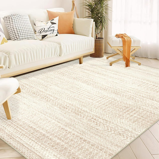 Moroccan Large Area Rug 5x7 - Soft Machine Washable Geometric Boho Distressed Farmhouse Rug Morden Stain Resistant Indoor Floor Carpet for Bedroom Dining Table Nursery Home Office(5'x7',Ivory Beige)