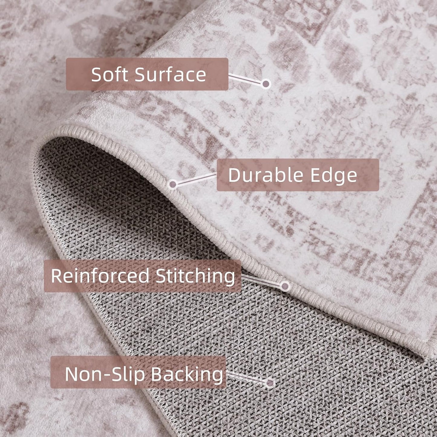 Light Pink Area Rugs 3x5 Nursery Rug for Baby Girl Neutral Floral Area Rug for Living Room, Vintage Boho Washable Rug Indoor Carpet for Bedroom Dining Room