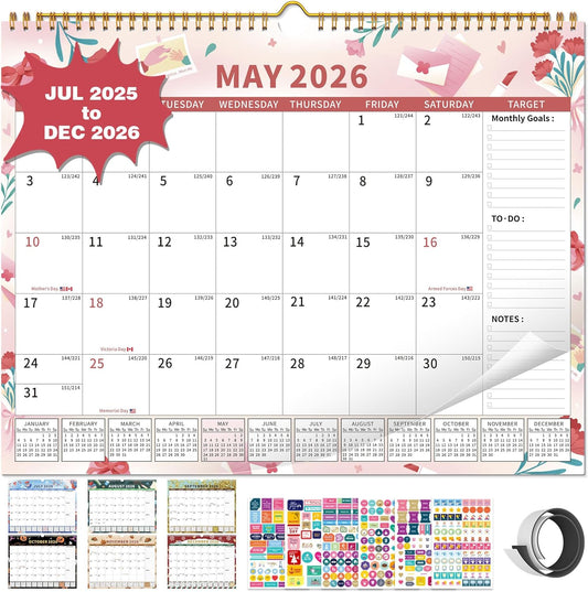 2025-2026 Calendar, 18 Month Wall Calendar 2025-2026 Hanging Spiral Bound Magnetic Fridge Desk Calendars 15" x 12", Jul 2025 - Dec 2026, A- Small Colorful