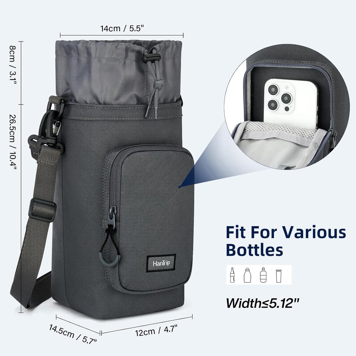 Insulated Water Bottle Carrier Bag with Strap Phone Pocket for 25/32/40/64 oz Tumbler Cup, Water Bottle Holder