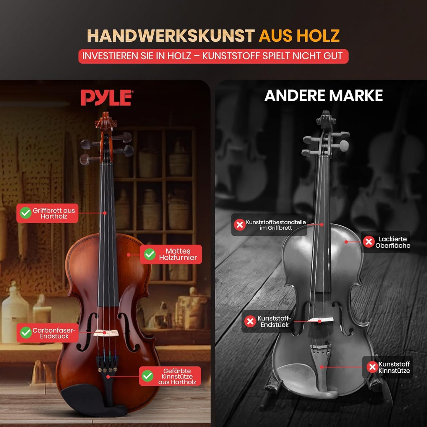 Pyle 1/4 Size Beginner Violin Starter Kit, Violin Starter Package with Travel Case & Bow, Extra Strings, Digital Tuner, Shoulder Rest & Cleaning Cloth for Students, Kids, Adults