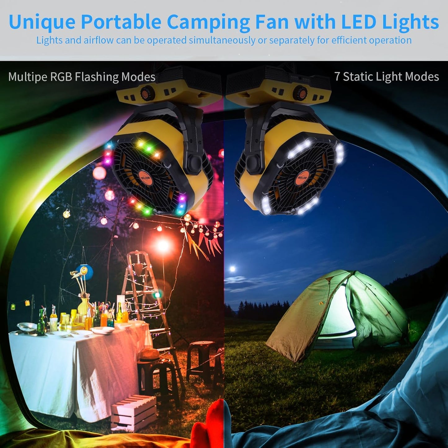 Camping Fan 20000mAh Rechargeable Battery Operated fan Outdoor Tent Fan with Light & Hook 270° Pivot, knob Speeds, Personal fan USB Desk Fan for Camping Power Outage Yellow X68
