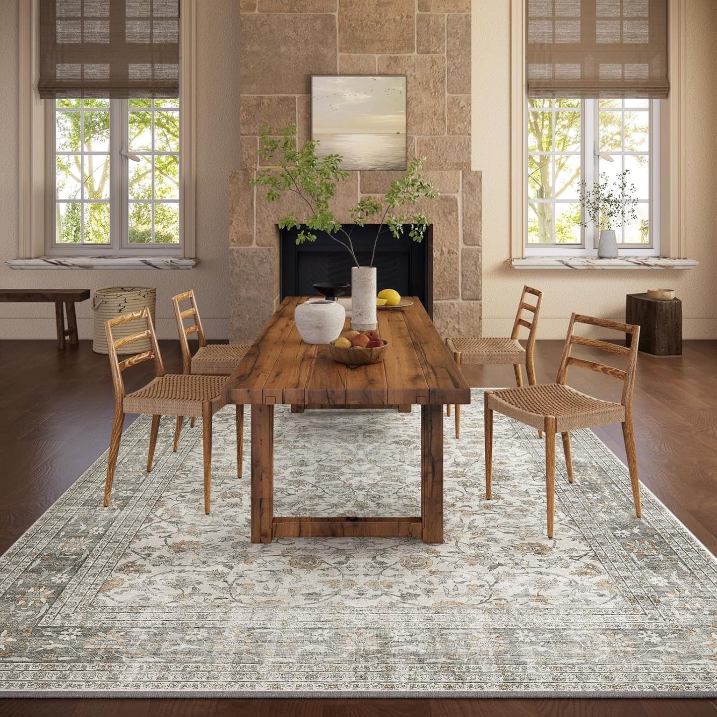 Machine Washable Rugs for Living Room: 8x10 Area Rugs for Bedroom Vintage Stain Resistant Non Slip Low Pile Soft Boho Carpet for Kitchen Dining Room Farmhouse Kids Room Nursery