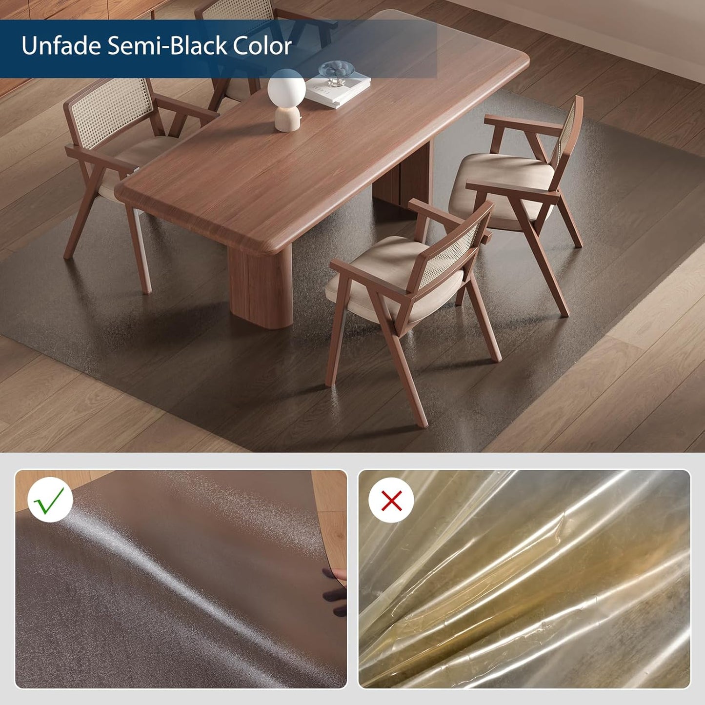 Floor Mats for Home, 5'×7' Translucent Black Vinyl Area Rug for Under Dining Table, Waterproof Non-Slip Hard Floor Living Room Rug, PVC Rolling Chair Protector for Workspace, High Traffic Areas