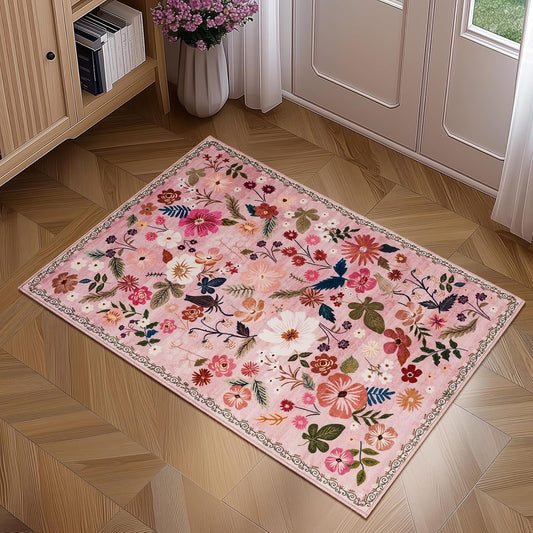 2x3 Washable Entryway Rugs Pink Boho Vintage Floral Pattern Non Slip with Rubber Backing Small Rugs Stain Resistant Faux Fur Low Pile Door Mat for Front Door Kitchen Bedroom Girls Bathroom Laundry