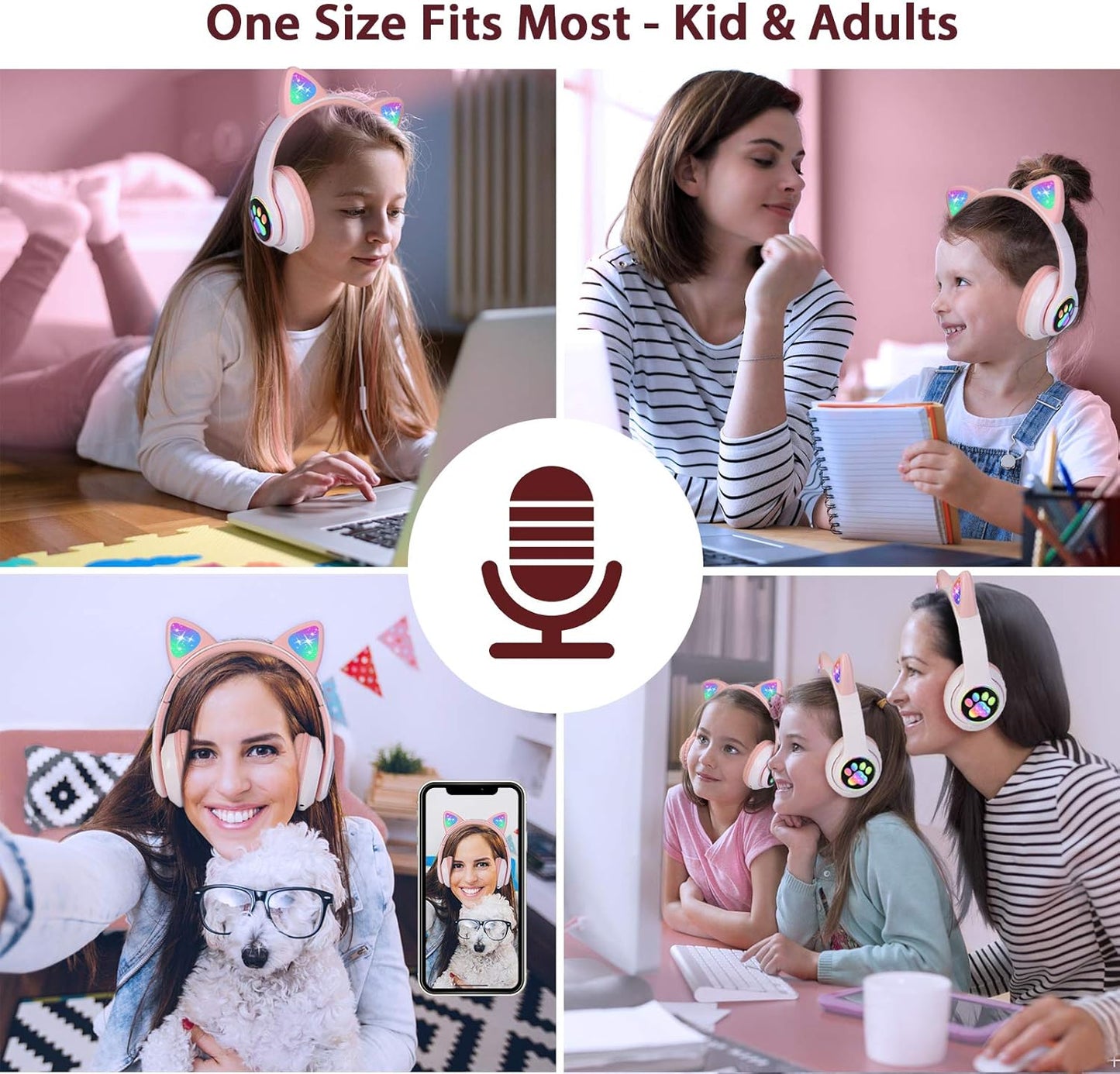 TCJJ Kids Wireless Headphones - Cat Ear LED Light Up, Bluetooth 5.4, Safe Volume Limit, Noise Cancelling with Mic & TF Card for Girls Boys Toddlers School (Pink)