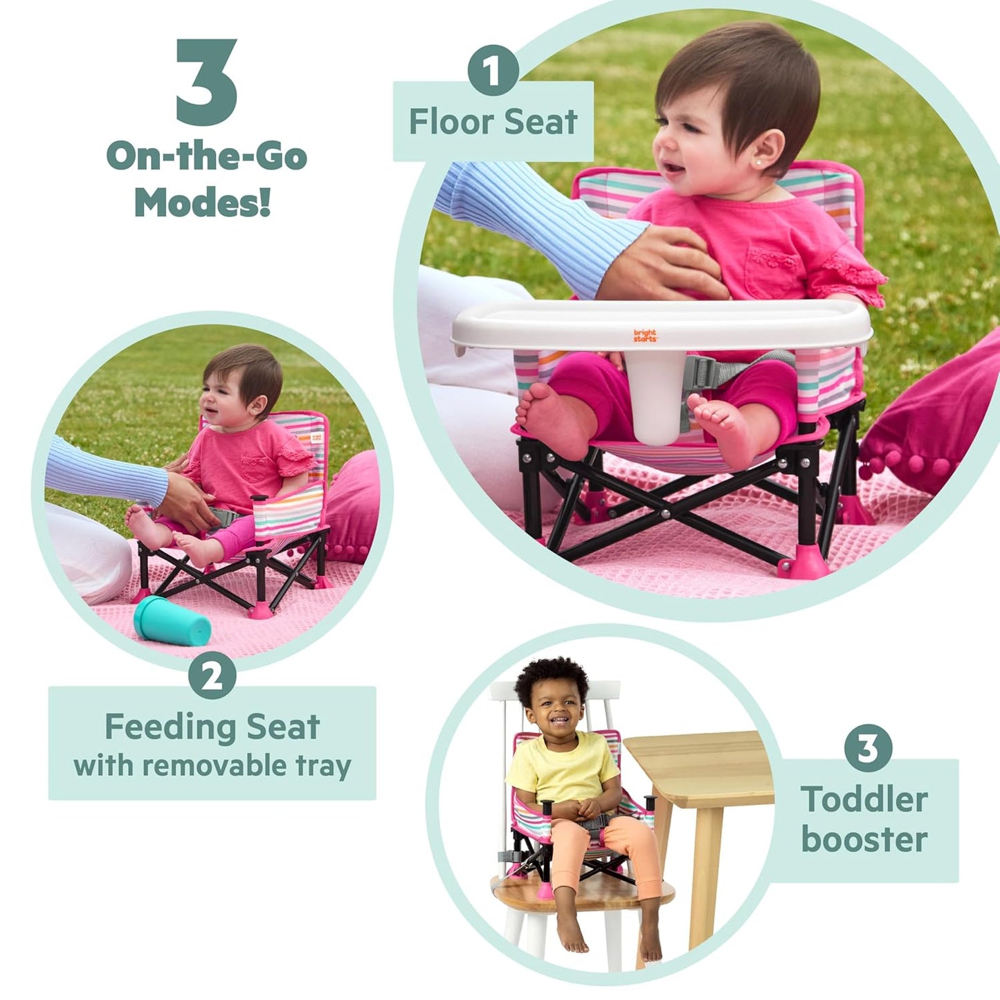 Bright Starts Disney Minnie Mouse Pop 'N Sit Portable Booster, Indoor/Outdoor Use, Floor Seat with Feeding Tray, 6 Mos - 3 Yrs