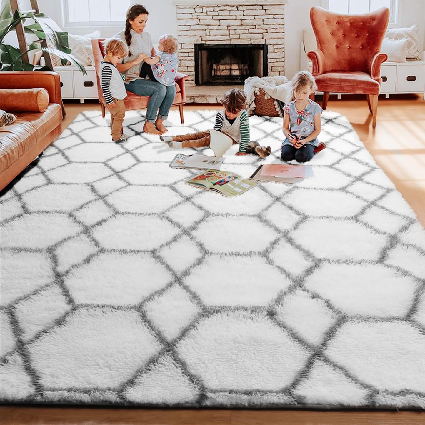 ONASAR Area Rugs for Living Room, Washable 7x10 Fluffy White and Grey Rug for Bedroom, Geometric Moroccan Indoor Shaggy Boho Soft Plush Floor Carpet for Kids Teen Nursery Dorm Home Decor Aesthetic